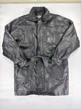 Oscar Piel Black Genuine Leather Belted Trench Coat Size L